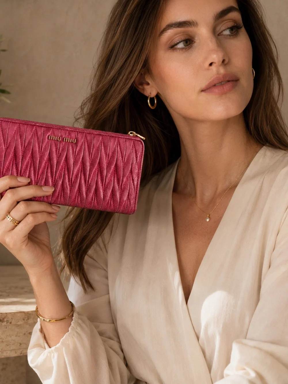 Miu Miu Matelassé Leather Zip Around Wallet – Berry Pink